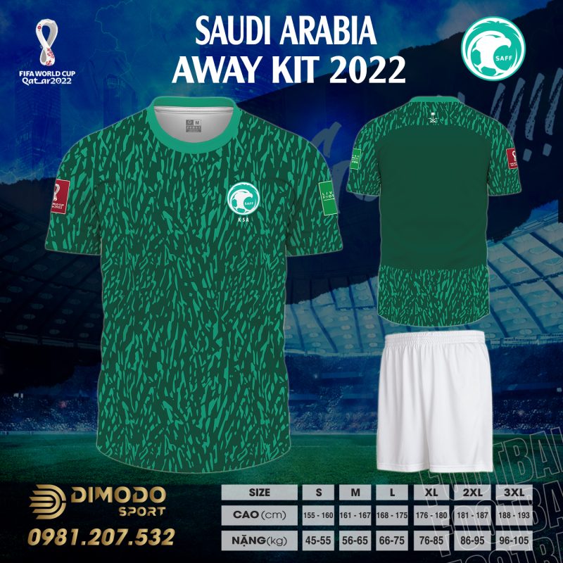 Áo đội tuyển Ả Rập Xê Út sân khách World Cup 2022 là sự kết hợp vô cùng hoàn hảo giữa màu xanh két và xanh va chai trên áo. Họa tiết là các nét vẽ chấm phá tự do và cùng màu với áo đấu. Một chiếc quần short đi kèm cũng làm nên thành công cho tổng thể trang phục.