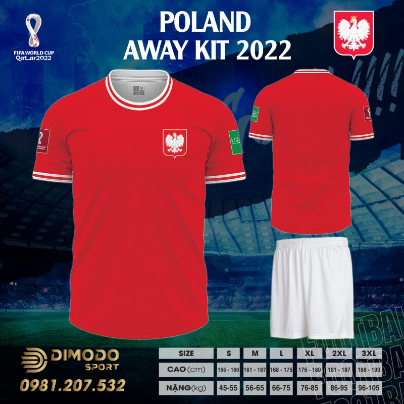 Áo đội tuyển Ba Lan sân khách World Cup 2022 là mẫu áo đấu sở hữu màu sắc thời thượng, họa tiết bắt mắt cùng thiết kế đường viền độc đáo. Thiết kế vô cùng trẻ trung và phù hợp với tất cả mọi người.