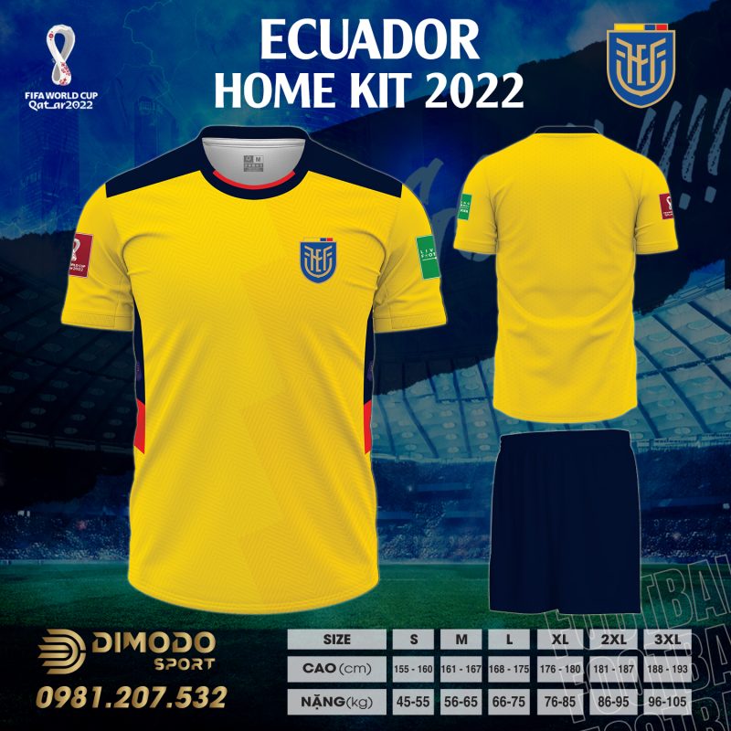 Áo đội tuyển Ecuador sân nhà World Cup 2022 được sản xuất bởi Dimodo Sport sở hữu màu vàng rực rỡ, được kết hợp cùng màu đen trên cầu vai áo đầy mới mẻ. Đây là một trong những phiên bản mà bạn nên sở hữu.