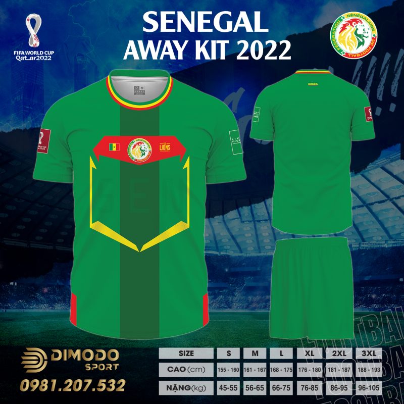 Áo đội tuyển Senegal sân khách World Cup 2022 là thiết kế sở hữu màu xanh két quen thuộc và vô cùng mát mắt. Chúng được kết hợp cùng với bộ đôi màu sắc họa tiết khác như đỏ - vàng.