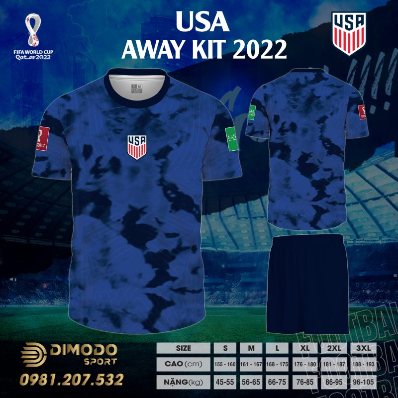 Áo Đội Tuyển Mỹ Sân Khách World Cup 2022 là sự kết hợp độc đáo giữa màu xanh bích và màu đen đi kèm những hình thù và họa tiết lạ mắt nhưng vẫn thể hiện được tinh thần của đội tuyển Mỹ.