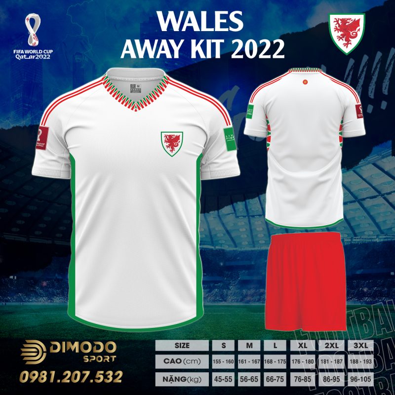 Áo đội tuyển Wales sân khách World Cup 2022 là phiên bản áo đấu với màu trắng quen thuộc. Tuy vậy, chúng tôi còn sử dụng thêm những chi tiết nhấn nhá khác trên áo đấu như phần viền cổ hay đường kẻ sọc hai bên hông để tăng thêm độ hấp dẫn cho trang phục.